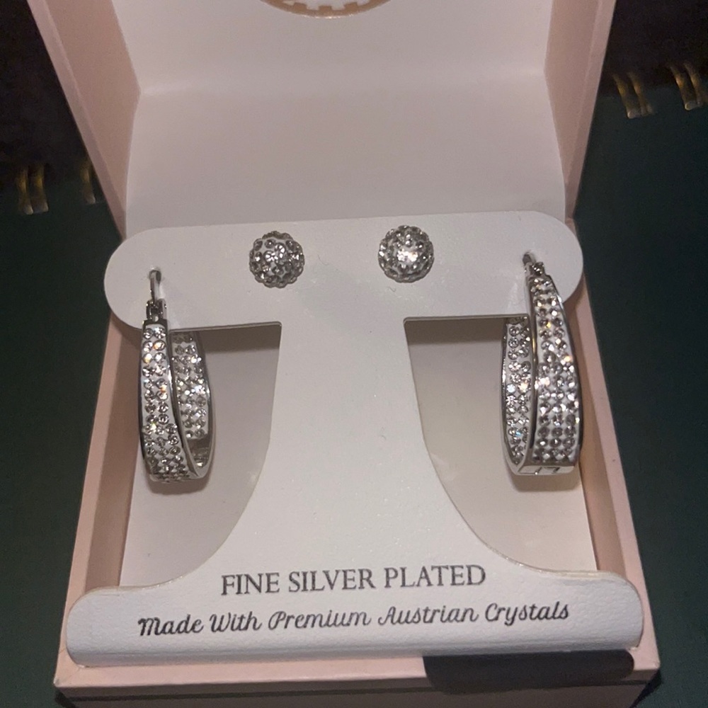 Fine Silver plated hoops/studs with crystals.